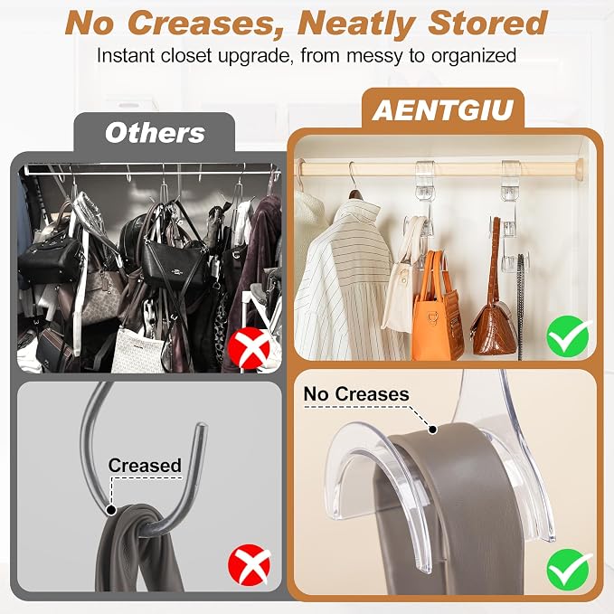 Clear Purse Hanger for Closet, 2 Pack Wardrobe Rod Vertical Hanging Handbag Organizer with 4 Holders, Keeps Bags Non-Crushed and Neatly Stored, Smooth Purse Storage Hooks, Easy Access