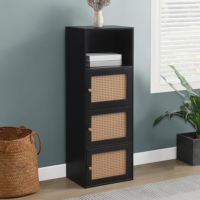 Convenience Concepts Xtra Storage Boho Weave 3 Door Cabinet 16.5" - Modern Rattan Organizer with Shelf for Living Room, Bathroom, Office, Home Library, Closet, Black/Beige Barley