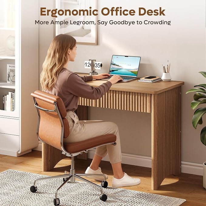 Bestier 40-Inch Fluted Wood Computer Desk with 2 Silent Drawers, Light Wood | Vertical Fluted, 2 Storage Drawers Silent Damping, 40x20 in, 30in Ergonomic, Scratch-Resistant Melamine, Non-Slip Pads
