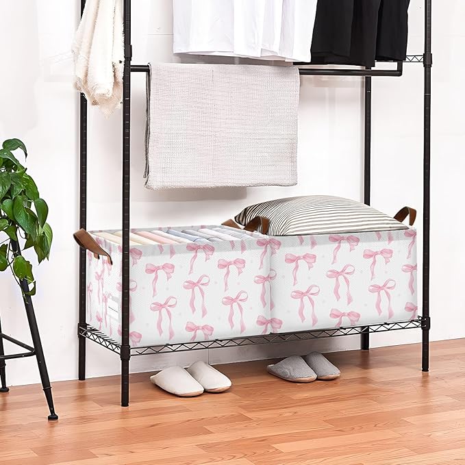 Preppy Pink Bow Storage Basket Cute Bowknot Foldable Cube Storage Bins with Handles&Labels Coquette Waterproof Collapsible Organizer Box Bin Large Decorative Baskets for Shelves Home Living Room, 2 PC