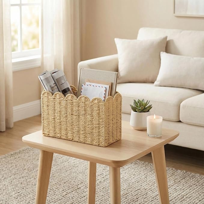 Paper Rope Magazine Holder, Tall Narrow Scalloped Basket | Handwoven Paper Rope Narrow Basket for Magazine Storage, Book basket, Mail Organizer, File Holder 15"L x 6"W x 11"H