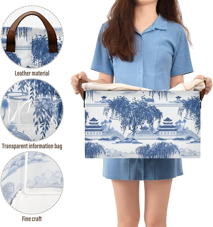 Blue and White Porcelain Pavilions Willow Tree Storage Bins for Shelves with Labels&Handles Fabric Organizer Bin Foldable Rectangle Storage Basket Boxes for Closet, Bathroom, Home, Living Room