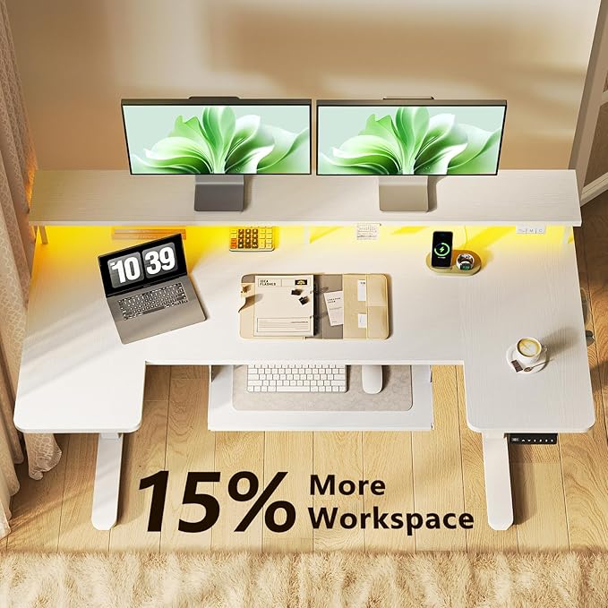 OffiGo 55 Inch U Shaped Electric Standing Desk with Keyboard Tray, White | 3 Outlets & 2 USB Ports, Dual-Monitor Stand, 10 Colors & 10 LED Modes, 3 Presets, 28.3"-46.5"in Range, 154 lb Capacity