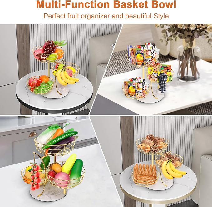 Livabber Fruit Basket Bowl with Banana Hanger, Metal Fruit Vegetable Storage Basket with Banana Holder for Kitchen Counter, Detachable Organizer for Bread Snack Produce (Gold, 3-Tier Marble Base)