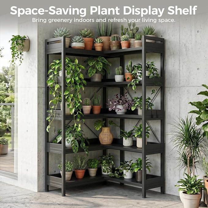 GTPLAYER 5-Tier Corner Bookshelf, L-Shaped Metal Frame Shelf with Tall 14" Shelves, Plant Stand and Storage Rack for Small Spaces, Living Room and Home Office, Black
