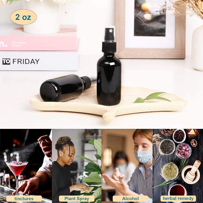 NOOEEISS Black Glass Small Spray Bottle 2 oz 48 Packs,Fine Mist Sprayer Small Clear Bottles,Refillable Containers mini spray bottles for Cleaning Solutions and Skin Care (Black 48pcs)