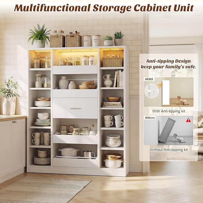 Besiost 40" Closet System with LED Lights, Wooden Closet Organizer System with Drawers & Shelves, Versatile Closet Storage Tower for Walk-in Closets, Shoe Rack and Handbag Storage Cabinet, White