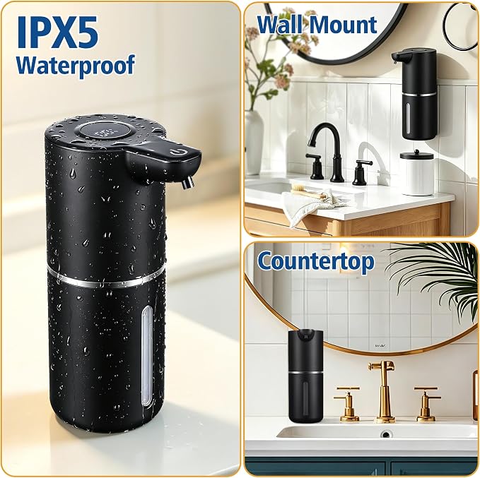 Automatic Foam Soap Dispenser Touchless | USB Rechargeable Smart Hand Soap Dispenser, 4-Level Adjustable, 12oz Wall Mounted for Bathroom Kitchen(Black Foam)
