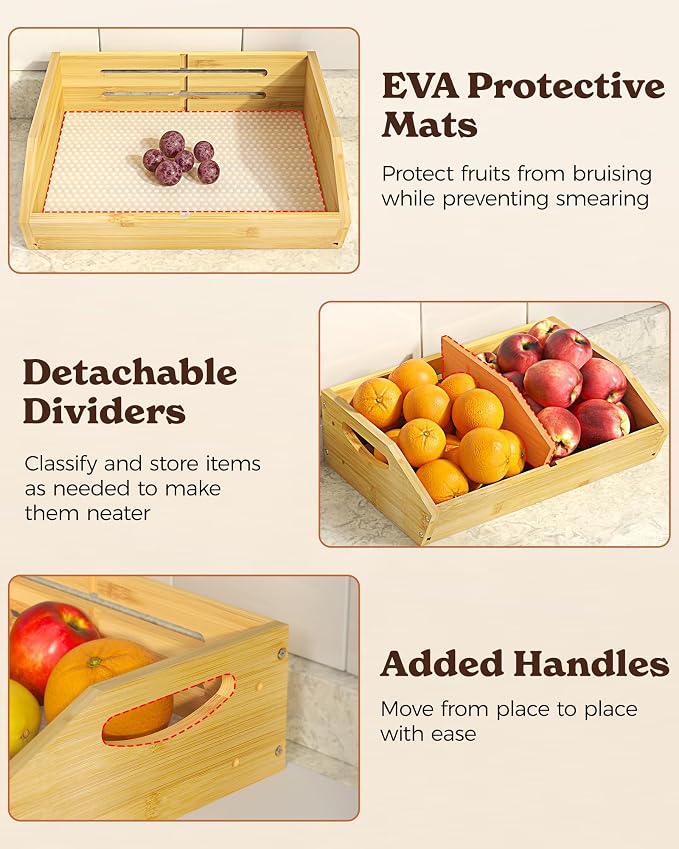 Sevenblue 3-Tier Bamboo Fruit Basket with 2 Banana Holders | Large tiered organizer for bread, snacks, veggies. Sturdy bamboo, includes mats & dividers. Easy to assemble.