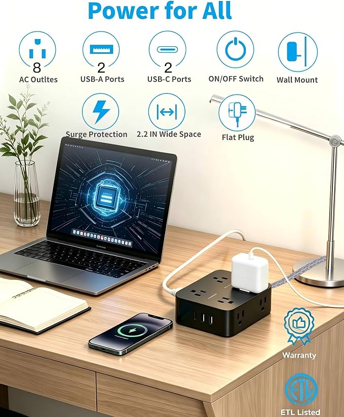 HANYCONY Surge Protector Power Strip 10 Ft, Flat Plug Extension Cord with 8 Outlets and 4 USB Ports(2 USB C), Wall Mount Outlet Extender Charging Station for Home Office Desk