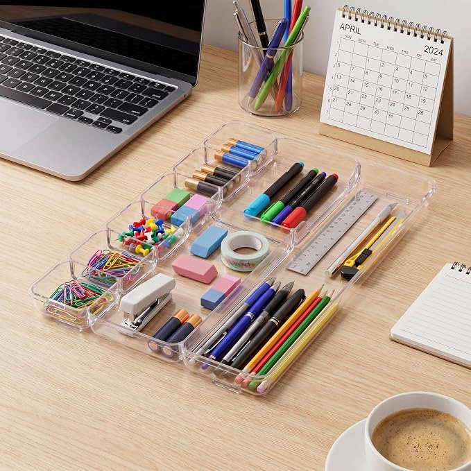 Junkin 2 Pcs Shallow Drawer Organizers 14" x 9" x 1" Desk Drawer Organizer Tray with 9 Storage Compartments for Home Office Classroom School Organizing Pens Paper Clips Sticky Notes (Clear)