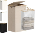 efluky 26 Gal Laundry Basket with Lid and Net Bag, Tall Laundry Hamper with Bamboo Handles, Aesthetic Dirty Clothes Bin for Laundry Room, Bathroom, Bedroom and Dorm, Oatmeal