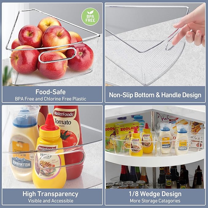 Leeden Lazy Susan Organizer for 26" Diameter Corner Lazy Susan, Plastic Kitchen Cabinet Storage Bins with Handle, 8 Packs, 1/8 Wedge - Food Safe, BPA Free
