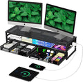 Simple Trending 2-Tier Metal Dual Monitor Stand with USB & 2 Drawers, Black | 32"W x 10"D x 7"H. USB 2.0 + charging port. 2 drawers. Mesh cooling vents. Holds 100 lbs. Non-slip base. Cable ties included.