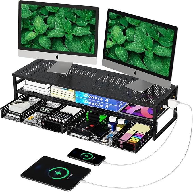 Simple Trending 2-Tier Metal Dual Monitor Stand with USB & 2 Drawers, Black | 32"W x 10"D x 7"H. USB 2.0 + charging port. 2 drawers. Mesh cooling vents. Holds 100 lbs. Non-slip base. Cable ties included.