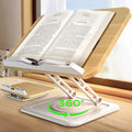 Book Stand for Reading, Adjustable Book Holder with 360°Rotating Bases, Ergonomic Cookbook Stand Recipe Book Holder with Elastic Page Clips for Magazines, Tablets, Laptops,White