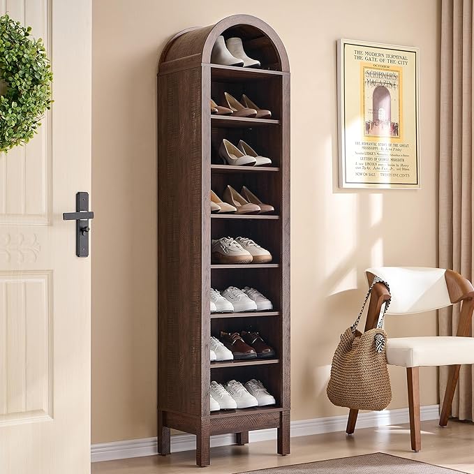 IFGET 71" Tall Arched Shoe Storage Cabinet, 8 Tiers 16 Pairs Wooden Shoe Rack with 3 Adjustable Shelves, Freestanding Shoe Closet Shelf Organizer for Entryway, Hallway, Living Room (Brown)