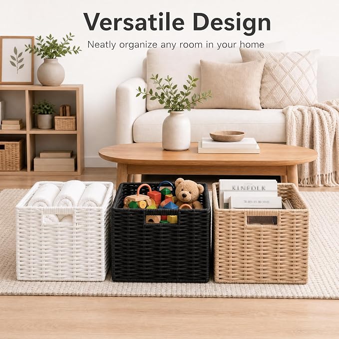 Cotton Rope Cube Storage Baskets Set of 2, 11 Inch Foldable Cubby Organizer Bins with Handles, Handwoven Square Basket for Organizing, Cube Closet Storage Bins for Shelves, Home Decor (Black 2 Pack)