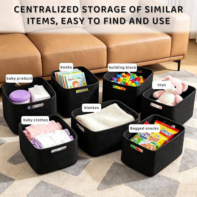 4 Pack Storage Baskets for Organizing, 11''Lx9''Wx8''H Woven Baskets for Storage Toys, Towels, Books, and Clothes, Cotton Rope Basket for Shelves with Handle White & Brown