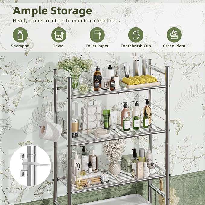 Simple Trending 3 Tier Over The Toilet Rack, Bathroom Shelves with 4 Hooks and Paper Holder, Bathroom Stand Organizer Space Saver, Chrome