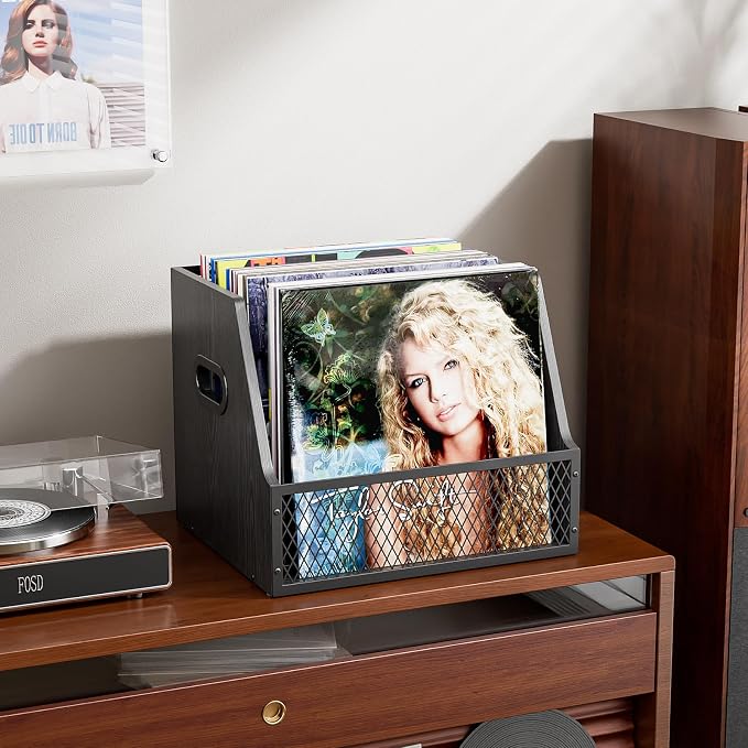 Vinyl Record Storage with Separators, Record Storage Box for 7/10/12 inch 60+ Vinyl Records Organizer Cases Wood Crate for Magazine Holder Black
