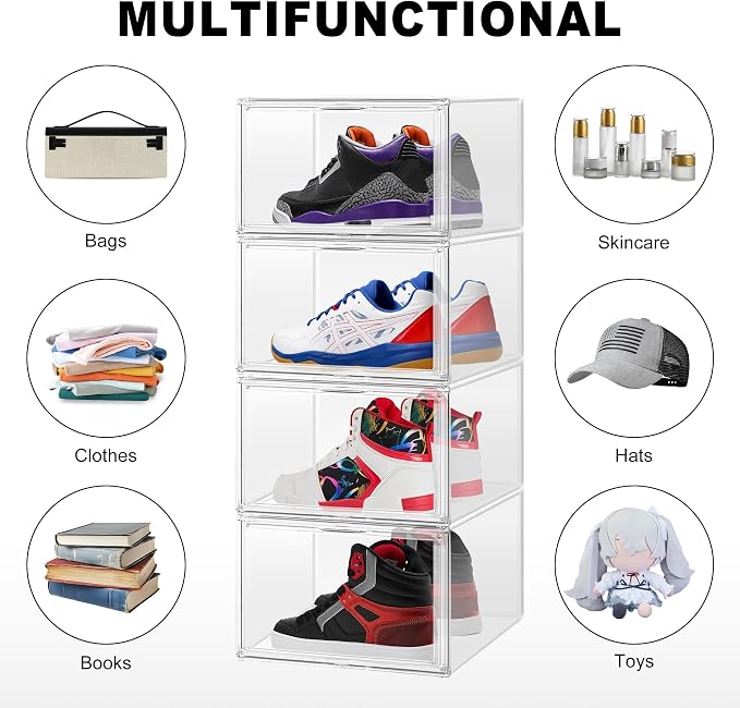 Clear Shoe Boxes Plastic Stackable ‌Shoe Cabinet‌ with Acrylic Magnetic Lids Drop Side Sneaker Display Case for Closet, Entryway, Fits Men's or Women's Shoes up to Size 12.5 (14.17''x10.62''x8.07'')