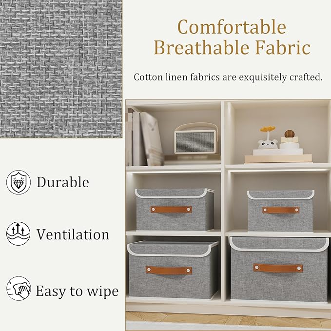 OUTBROS Fabric Storage Bins Cube Organizers with Flip-Top Lid and Handles,Storage Boxes for Organizing Home,Office,and Closet,Grey,5 Pack 10.2 x 7.9 x 6.7 in