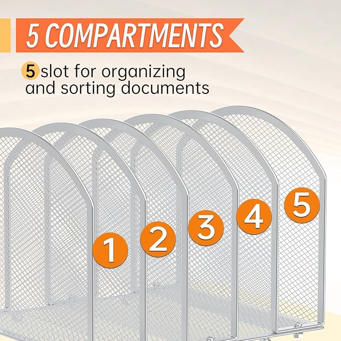 MINDEPOT Desk File Organizer 5 Sections Desktop Organizer File Sorter Office Organization File Folder Holder for Office School & Classroom (Silver, 5 Section - 1Pack)