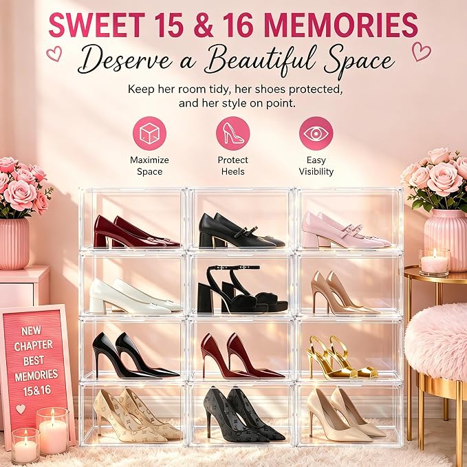 Low Profile Clear Shoe Storage Box for Flats,Loafers &Small Spaces | Space-saving 7.6-inch height fits under shelves &cabinets.Ideal for flats,loafers,slip-ons&compact living.1 Pack Fit Size 12