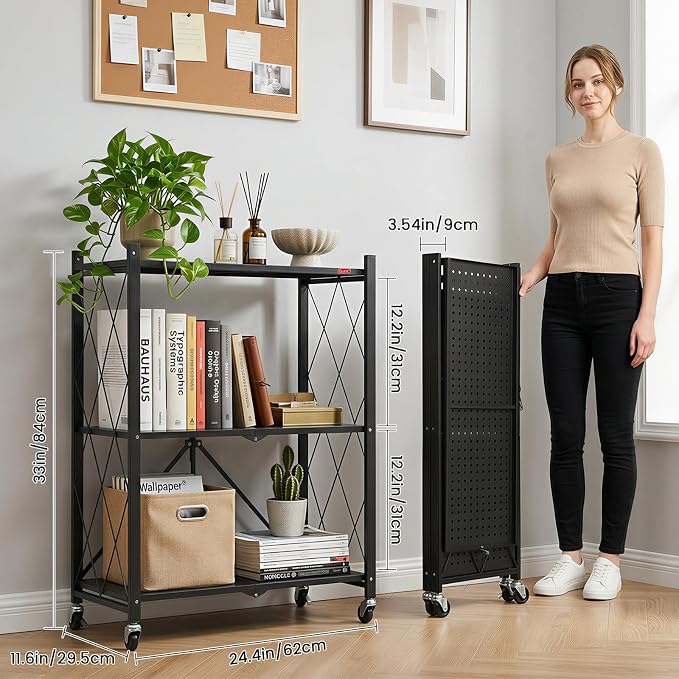 DEANIC 3 Tier Foldable Storage Shelves with Wheels, Kitchen Appliance Stand, Freestanding Metal Wire Shelf Rack, No Assembly Organizer Rolling Cart for Garage, Basement, Pantry (Black)