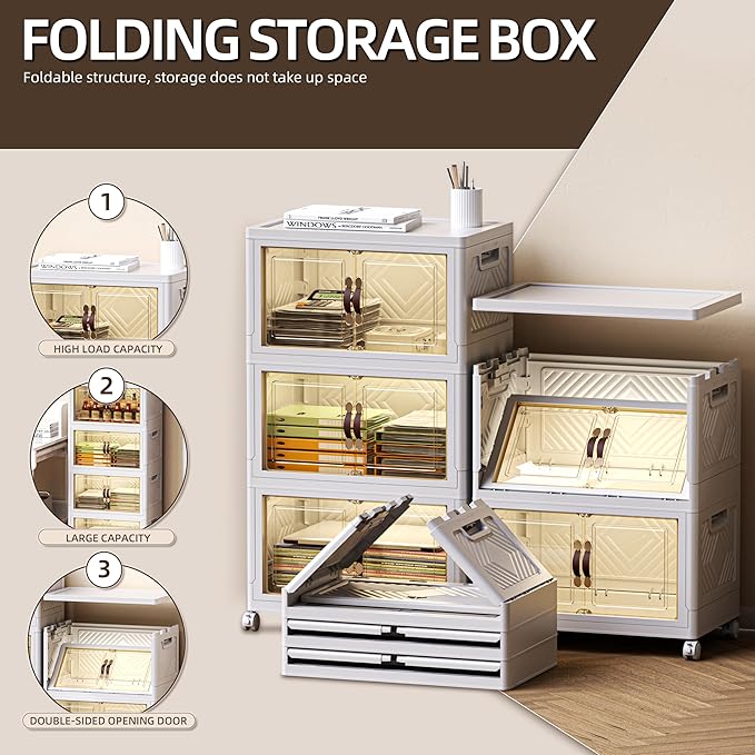 148 QT / 37 Gal Stackable Collapsible Storage Bins (1 Lid) with Magnetic Doors & Wheels - Plastic Cabinet Organizer for Home Office Closet, White Space-Saving Containers