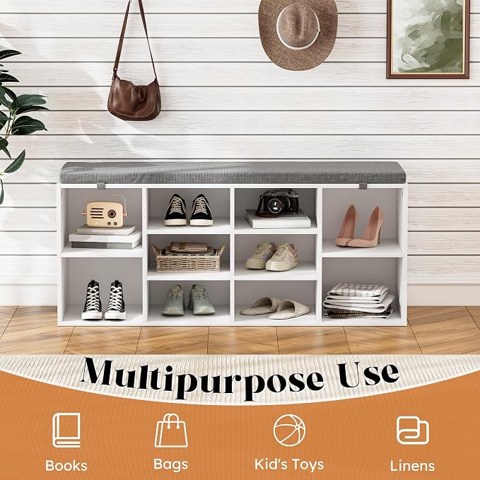 41" Shoe Storage Bench with Cushion, Entryway Shoe Rack with 10 Cubbies, Multifunctional Shoe Organizer Bench for Hallway, Bedroom, Living Room, White