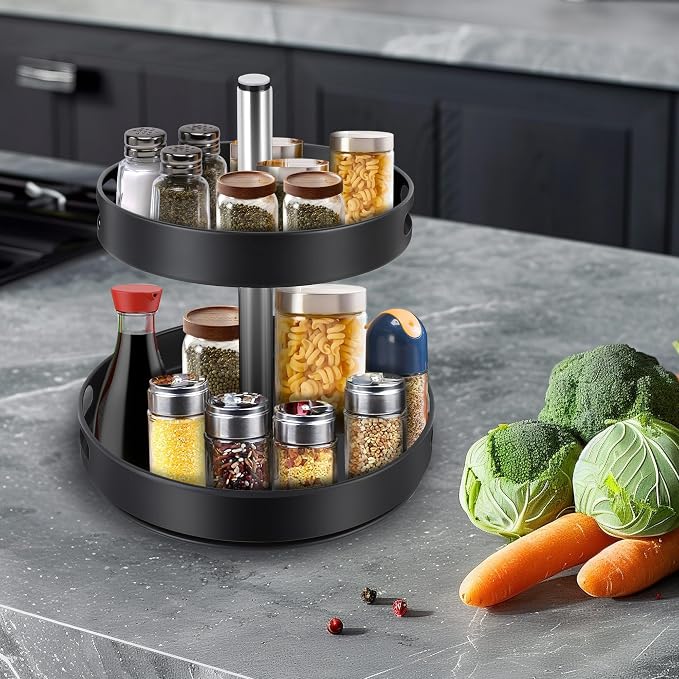 Lazy Susan Turntable Spice Rack, 2 Tier Adjustable Height Rotating Spice Organization, Revolving Seasoning Organizer 12 Inch for Kitchen Countertop Pantry Dining Table Coffee Storage(Black)