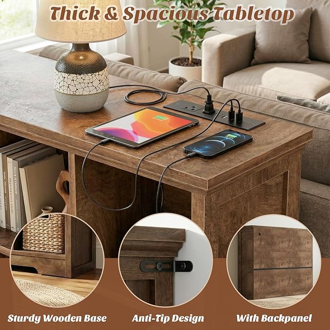 Aheaplus Wooden 9-Cube Storage Organizer with Charging Ports, Modern Cube Bookcase with Base, 4-Tier Floor Standing Open Cubbies Bookshelf, Cubicle Display Shelf for Home and Office, Cracked Oak