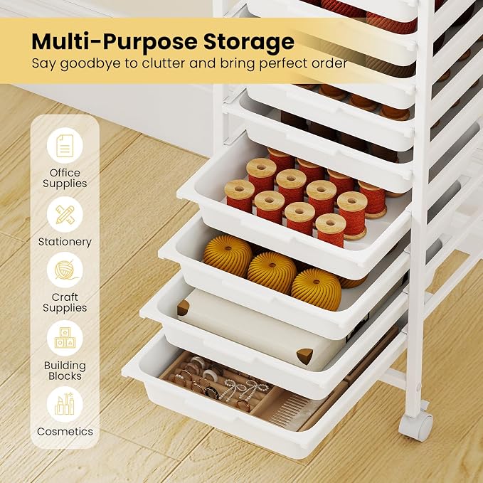 LDAILY Rolling Cart with Drawers, 10 Drawer Rolling Storage Cart with Wooden Tabletop, Metal Frame & Lockable Wheels, Craft Organizers and Storage for Home Office Classroom (White, 10-Drawer Small)