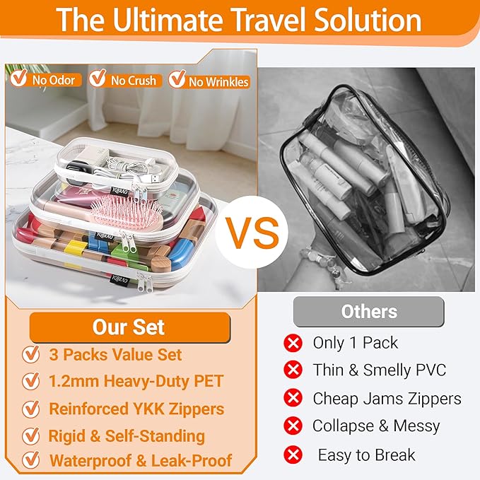 YQBRAO Clear Hard Shell Organizer Cases, Multi-Size (L, M & S), 3-Pack | 1.2 mm clear PET organizers in three sizes for toiletries, cosmetics, electronics, travel items, and everyday storage