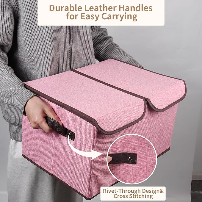 Foldable Fabric Storage Box, 16.5 x 11.8 x 9.8 inches (L x W x H), with Double-Lid & Dividers, Large Organizer for Home, Closet, Office(Pink, 4 Packs)