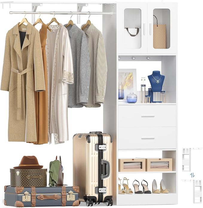 5FT Closet System with Doors and Wooden Drawers, 60'' Reversible Closet Organizer System with Big Wing Shelf and Hanging Rod, 80'' Tall Walk in Wardrobe Closet System with Shelves & Hooks, White
