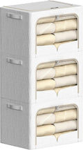 FHSQX 3 Pack Clothes Storage Bins - Foldable Metal Frame Storage Box - Stackable Linen Fabric Container Organizer Set with Carrying Handles and Clear Window (Cream White, 19.7x15.7x13inch(66L))