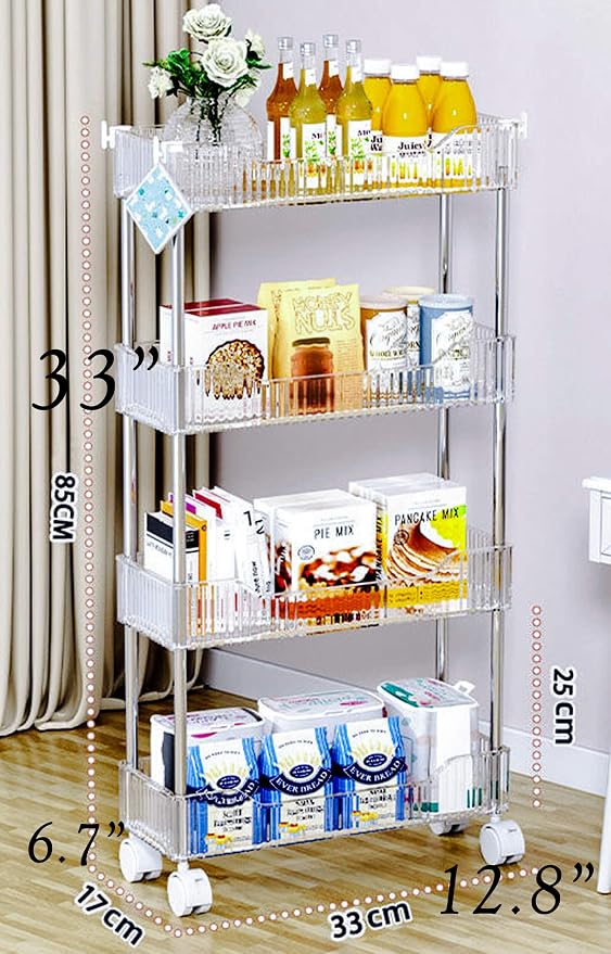 4-Tier Plastic Rolling Utility Cart with Wheels, Multifunctional Storage Organizer Cart for Home, Office, Kitchen & Bathroom, Narrow & Clear, 6.7”W * 12.8”L * 33”H