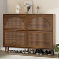 Shoe Storage Cabinet with 4 Flip Drawers, Narrow Wood Shoe Organizer Cabinet with Fluted Panel, Slim Shoe Rack for Entryway, Freestanding Shoe Cabinet for Living Room, Hallway, Walnut