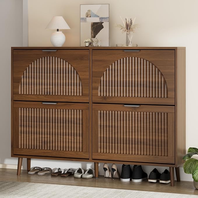 Shoe Storage Cabinet with 4 Flip Drawers, Narrow Wood Shoe Organizer Cabinet with Fluted Panel, Slim Shoe Rack for Entryway, Freestanding Shoe Cabinet for Living Room, Hallway, Walnut