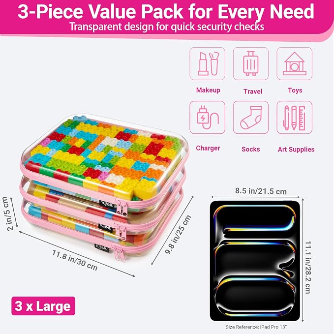YQBRAO 3-Pack Large Clear Hard Shell Zipper Case, 1.2mm Ultra-Thick Rigid Toy & Closet Organizer, Heavy-Duty Diaper Bag Pouch Set with YKK Zippers, Waterproof Travel Storage (Pink)