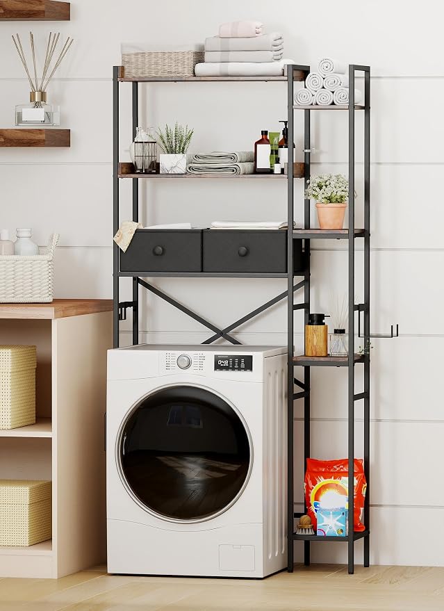 Over The Toilet Storage Rack, 7-Tier Over Toilet Bathroom Organizer with Adjustable Shelf, Above Toilet Storage with Hooks, Space-Saving, Brown Shelf