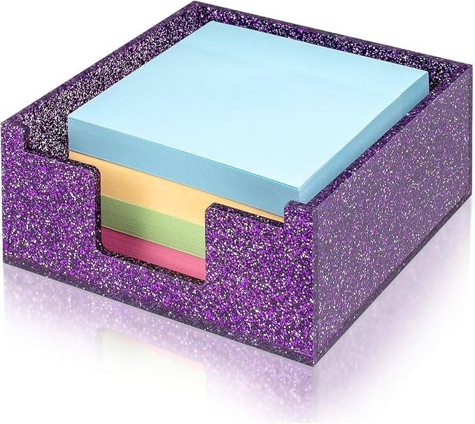 Acrylic Sticky Note Holder 4x4in Tray for Desk, Purple Glitter | Sparkling glitter acrylic tray, fits 3x3 sticky notes, compact organizer for office school and home