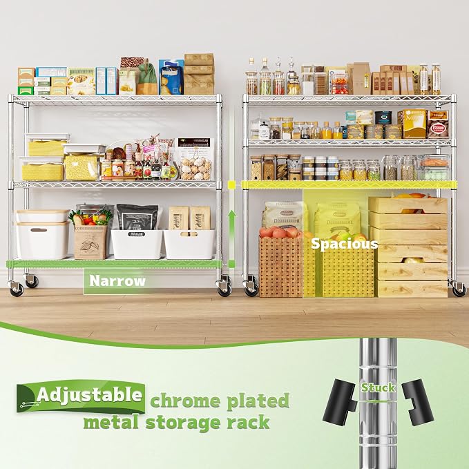 DurayLoly 45" W 3-Tier Metal Shelf on Wheels,450lbs,Kitchen, Laundry,Garage | 19mm chrome steel, 150 lbs/shelf, lock casters or switch to leveling feet, tool-free setup, fits pantry & bedroom