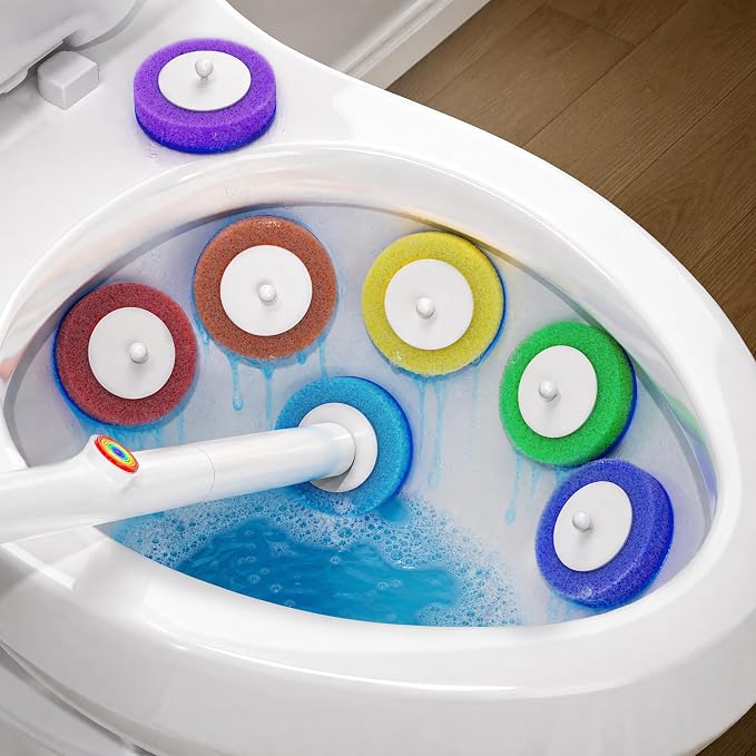 Disposable Toilet Brush and Holder Set - Hands-Free Eject Sponge Toilet Wand with Floor Standing Caddy, Secure-Lock Hangable Toilet Scrubber (42 Refills(Colorful))