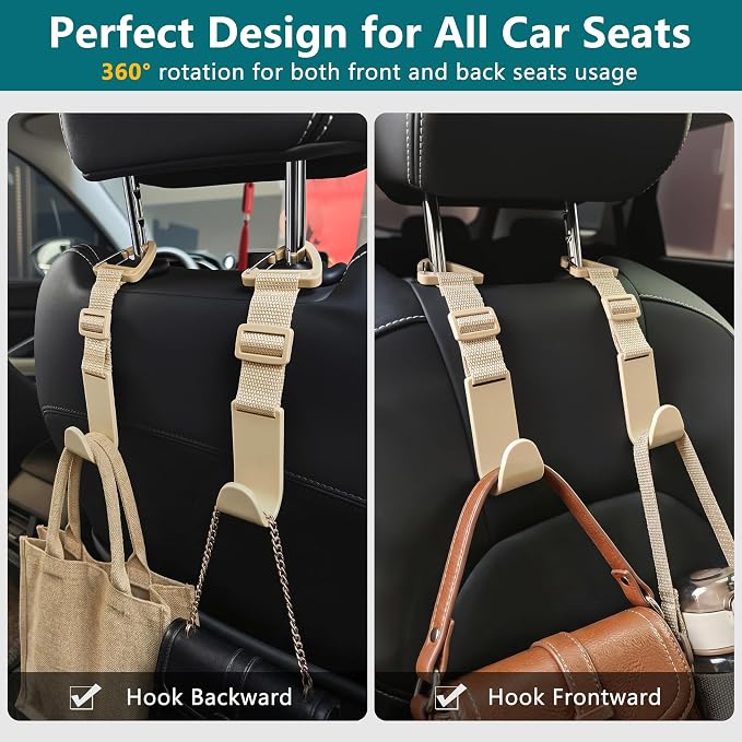Amooca Headrest Hooks for Car Adjustable 4 Pack Vehicle Seat Back Organizer Storage Hanger Holder for Purse Bags Universal Fit with Clip Beige