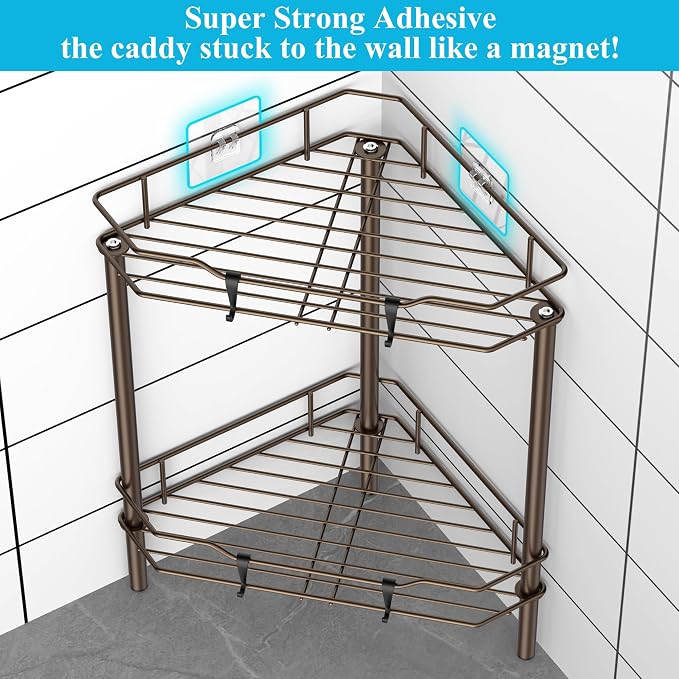 HuggieGems 2 Tier Floor Standing Corner Shower Caddy Organizer Shelf with Hooks, Bathroom Shelves Stand Rack, Bronze