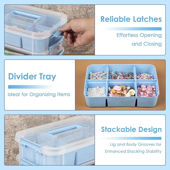 CraftGenes Art Supply Storage Organizer, 4-Tier 10 Qt Box, 2 Trays, Blue | Clear Compartments; Dual Removable Inserts; Carry Handle; Side Latches; Markers, Crayons, Brushes, Beads, Drawing Tools